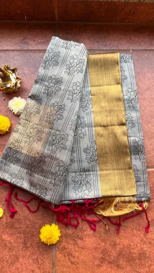 Grey and rani pink kanjivaram silk saree with blouse