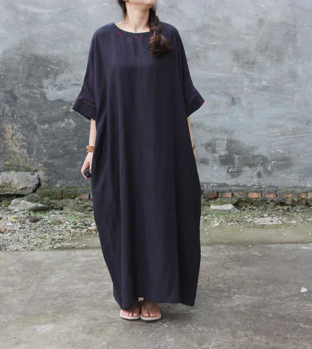 2 colors Linen and Cotton Kaftan/Caftan Plus Size Clothing/Women Linen Maxi Dress/Batwing sleeve Gown/Loose Robe/Bust>160/60”