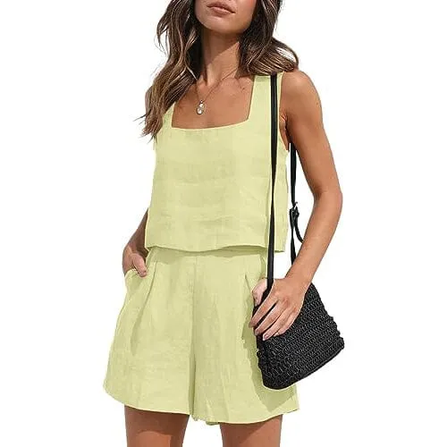 2-Piece Set: Women's Lounge Matching Sets Linen Shorts Crop Tops