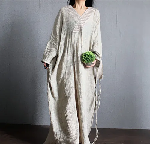 3 Colors 100% Linen Caftan/Kaftan Plus Size Clothing/Women Linen Maxi Dress/Batwing Sleeve V neck/Loose Lope/Bust>150cm/59”