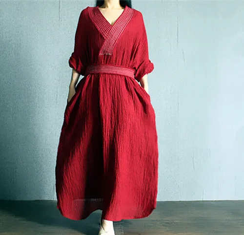 3 Colors 100% Linen Caftan/Kaftan Plus Size Clothing/Women Linen Maxi Dress/Batwing Sleeve V neck/Loose Lope/Bust>150cm/59”