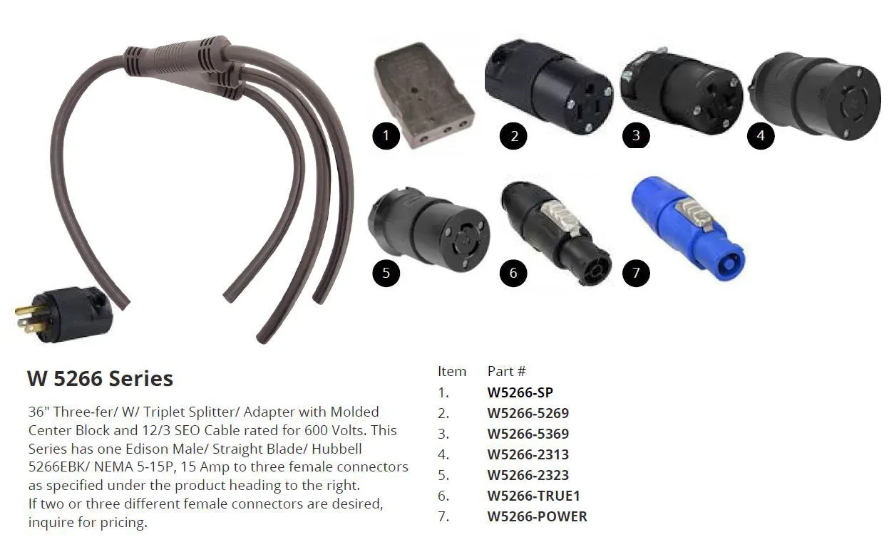 3FER - Edison 15A (M) HBL5266 to 3 Edison 15A (F) HBL5269EBK - W5266-5269