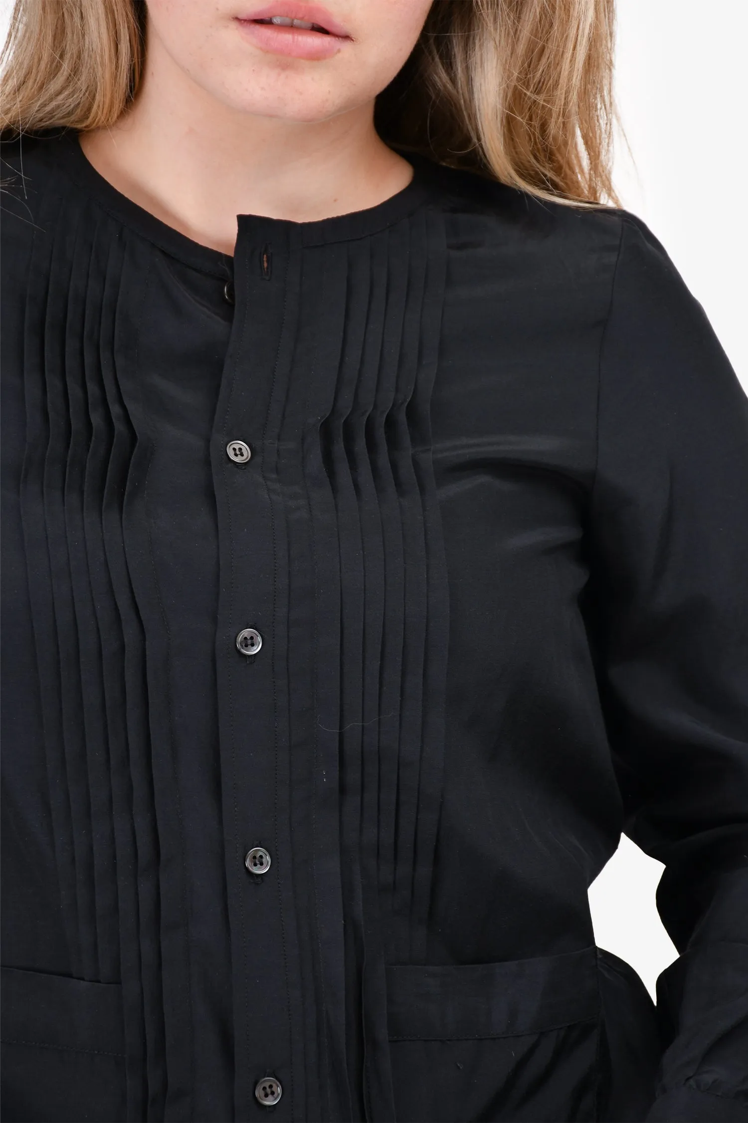 A.P.C. Black Silk Pleated Front Pocket Blouse Size M