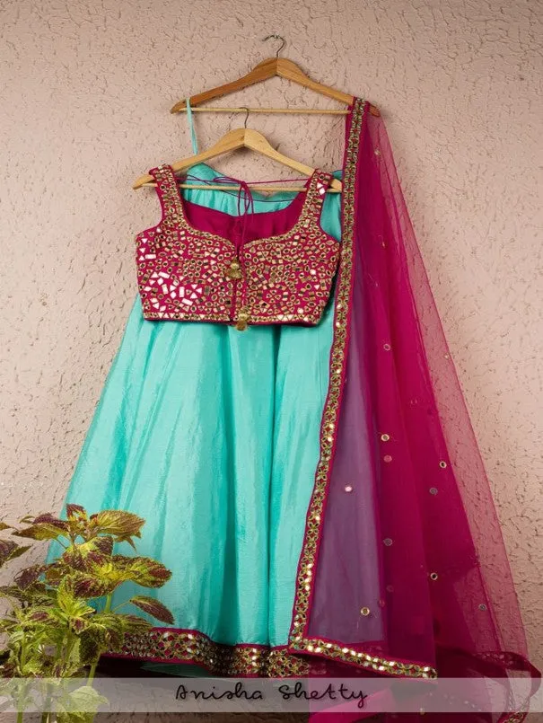 Arctic Blue - Magenta Mirror Work Lehenga Set (Set of 3)