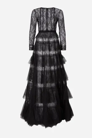 Black Chantilly Lace Pleated Gown