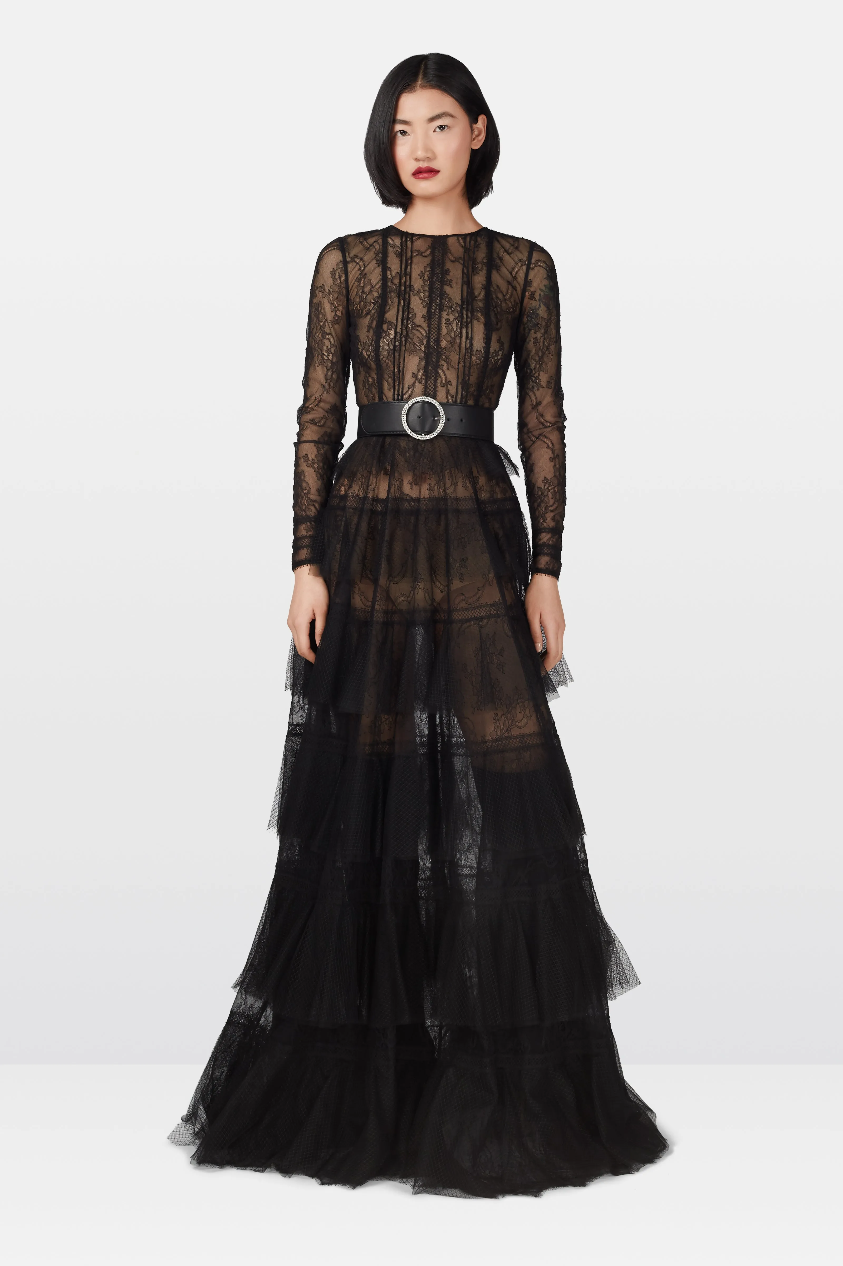 Black Chantilly Lace Pleated Gown