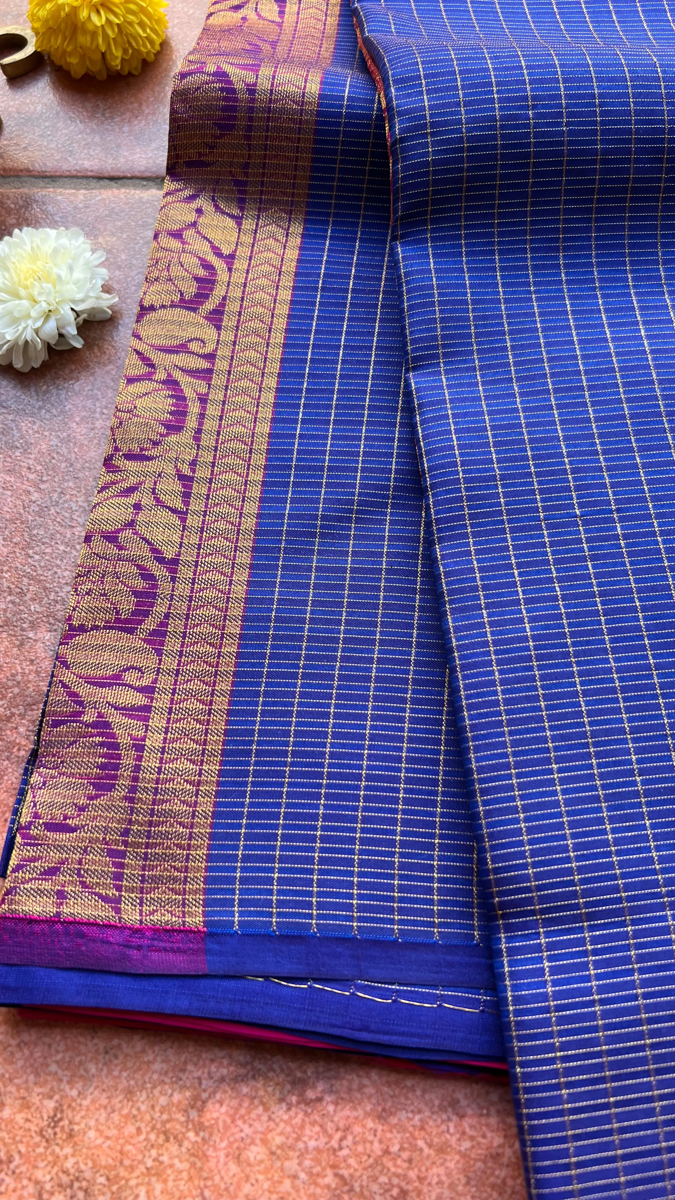 Blue checked kanjivaram silk saree with blouse