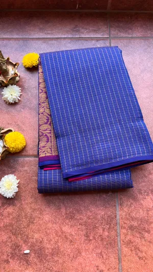 Blue checked kanjivaram silk saree with blouse