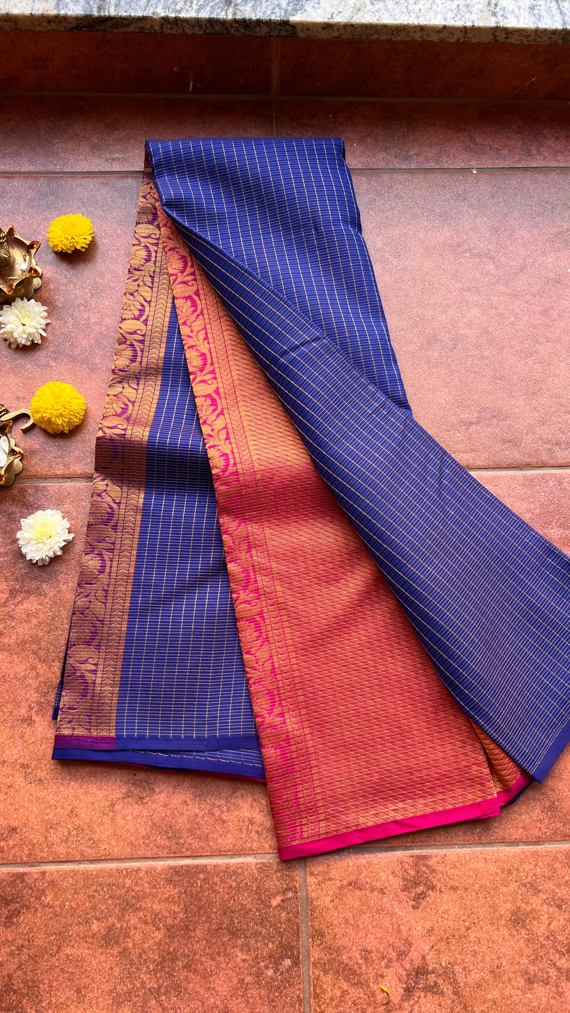 Blue checked kanjivaram silk saree with blouse