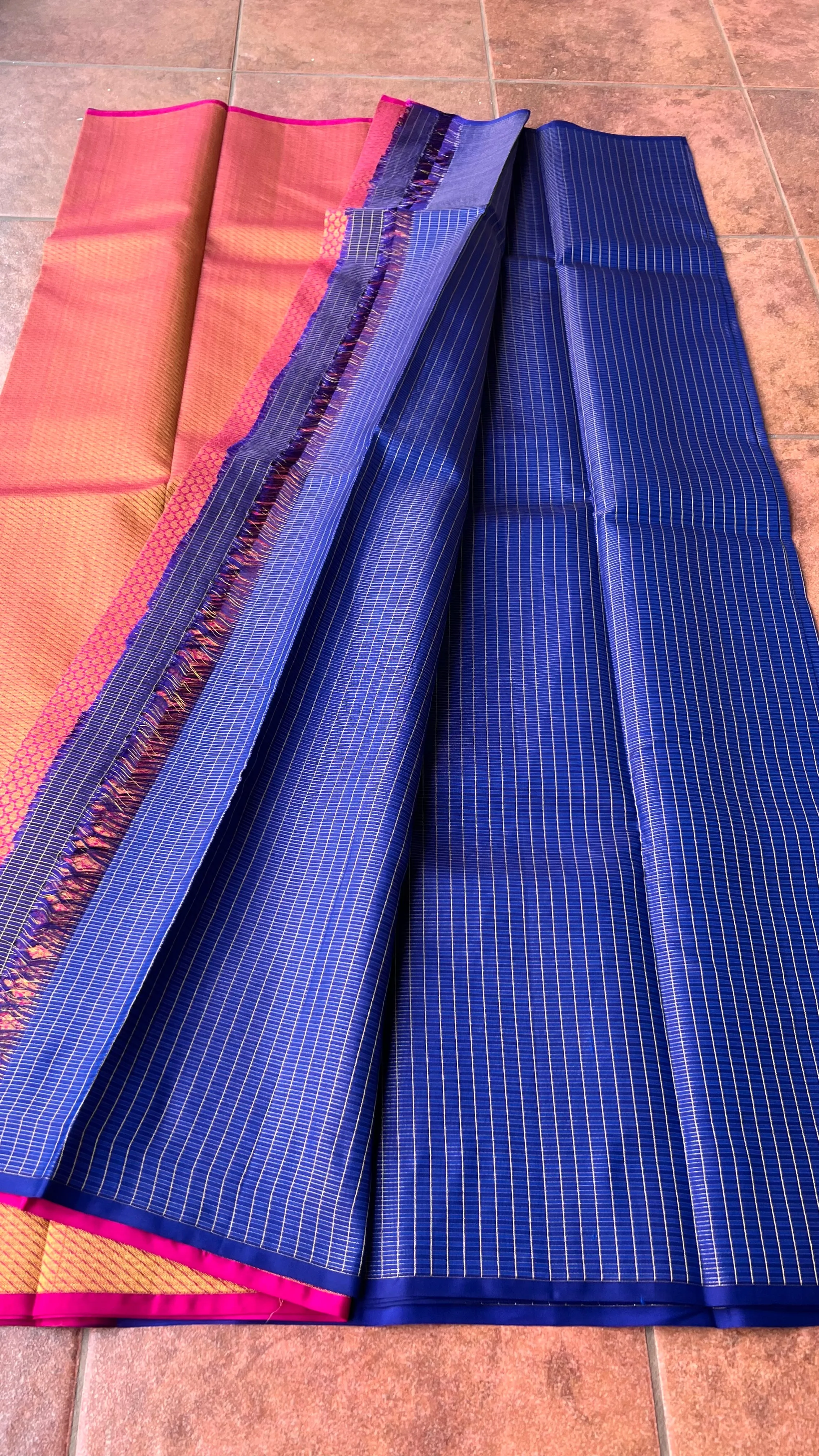 Blue checked kanjivaram silk saree with blouse