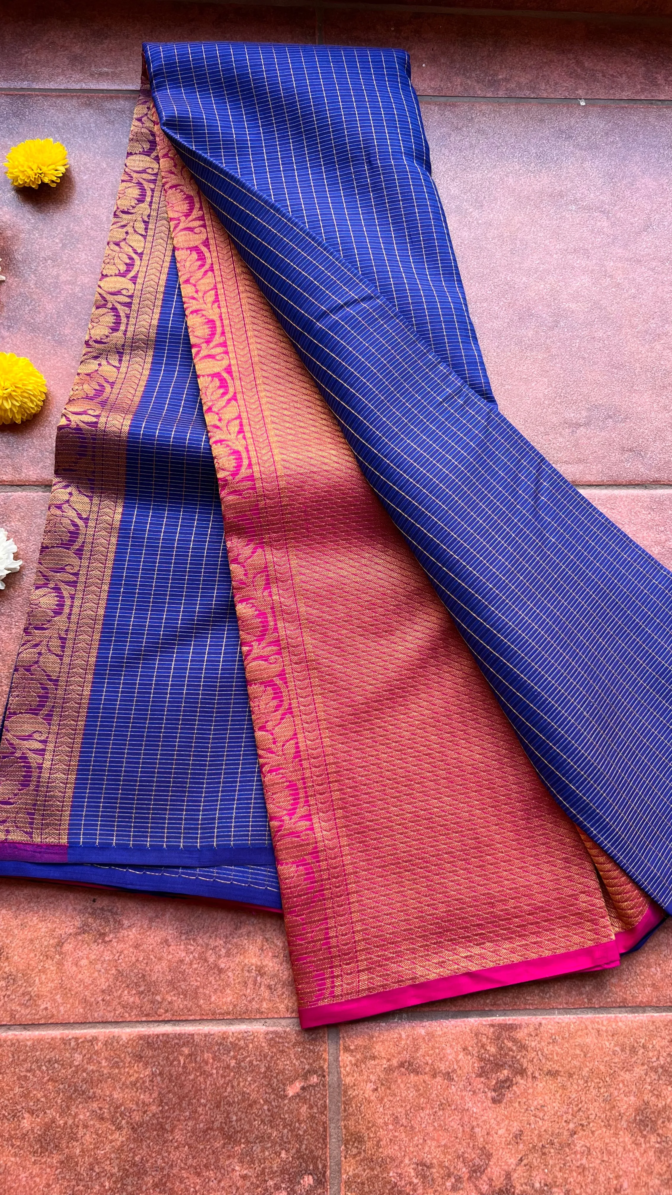 Blue checked kanjivaram silk saree with blouse