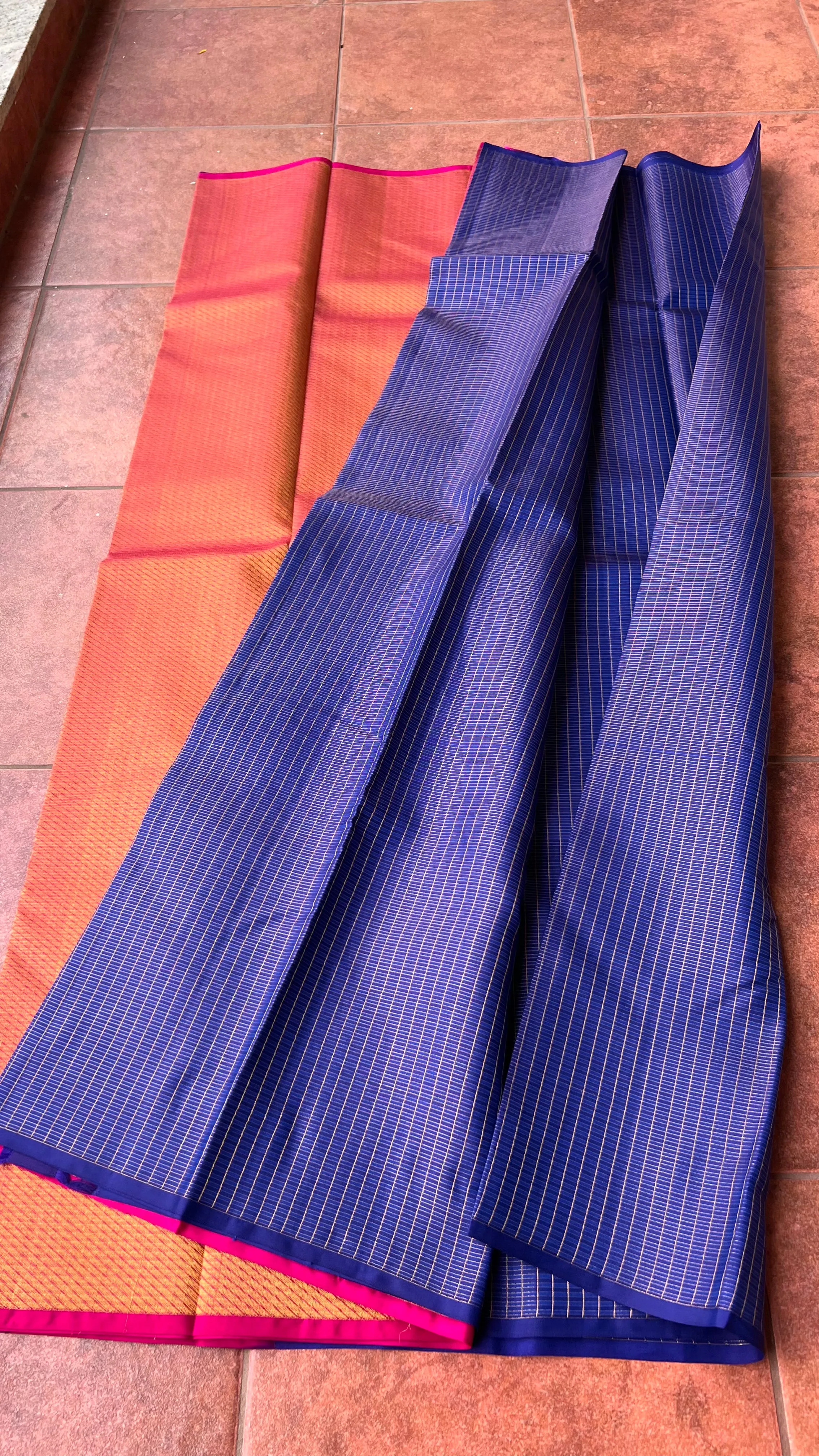 Blue checked kanjivaram silk saree with blouse