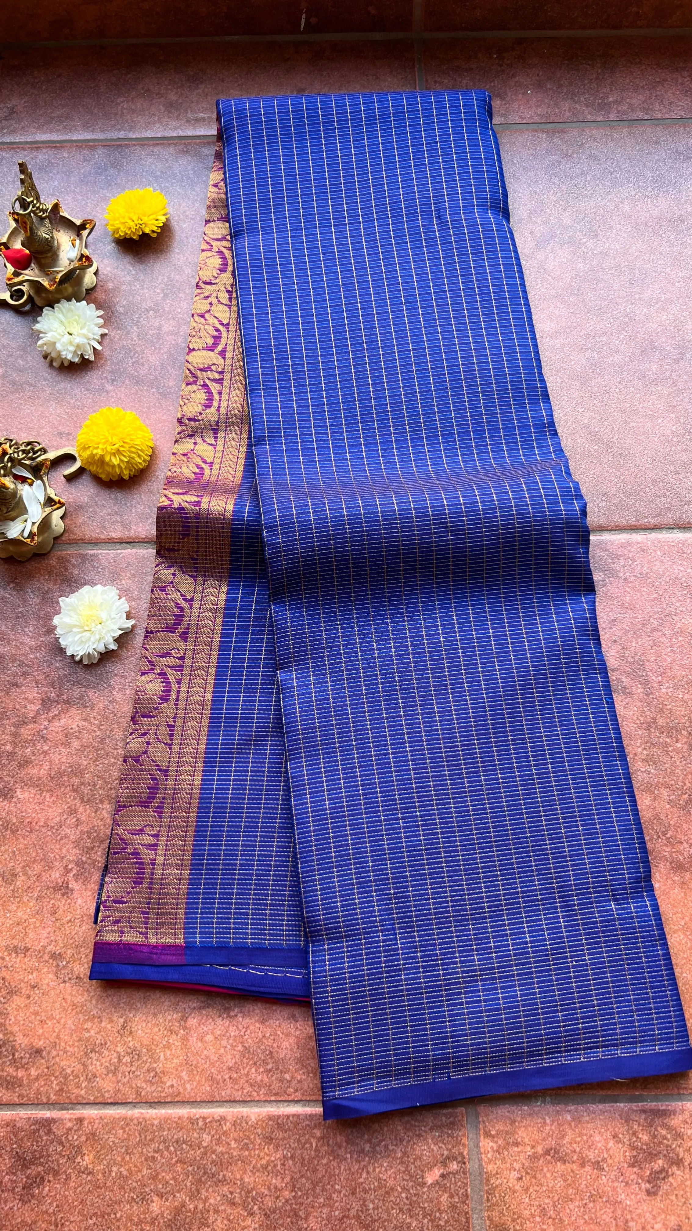 Blue checked kanjivaram silk saree with blouse