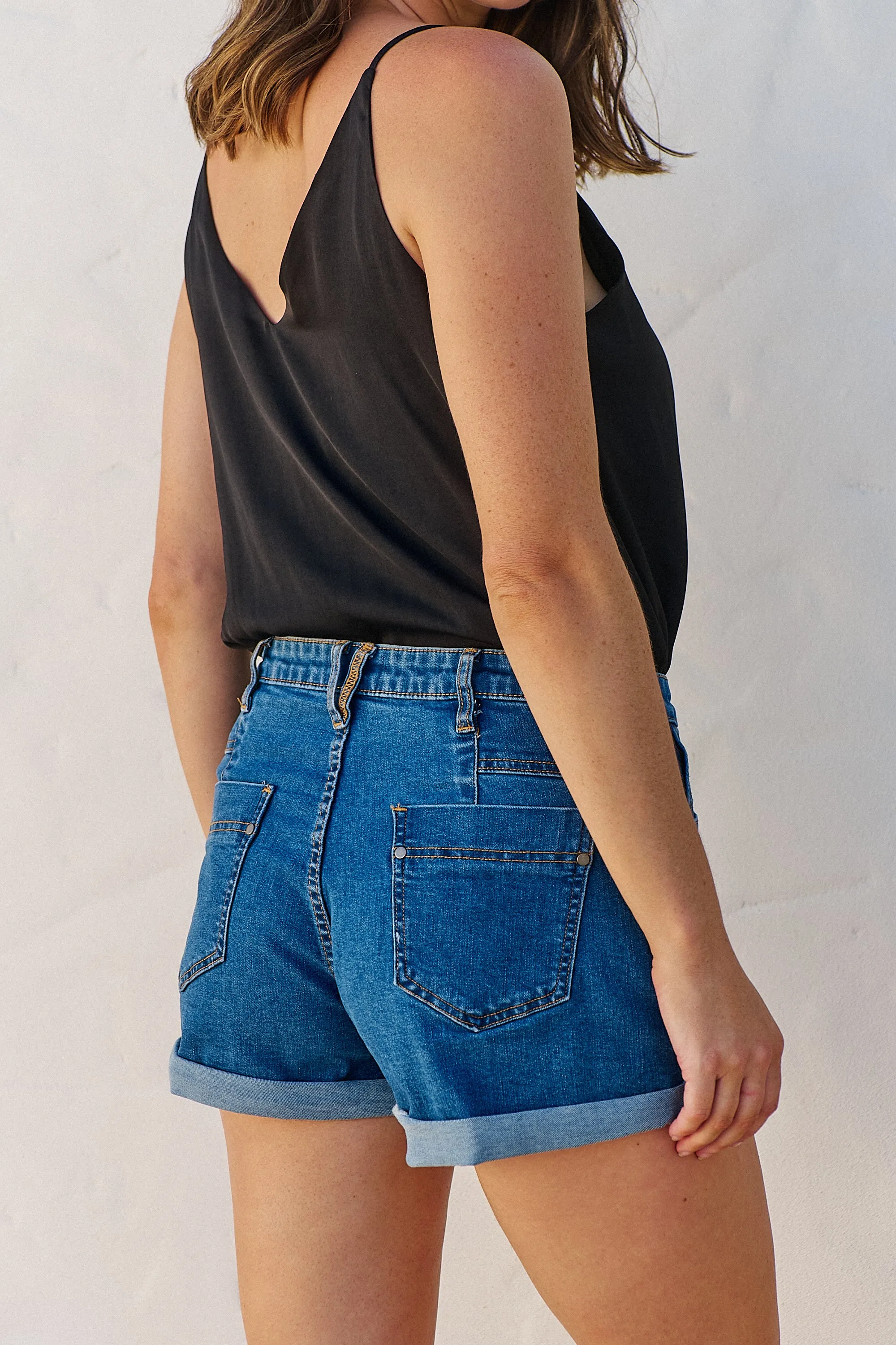 Blue High Waisted Cuff Denim Shorts