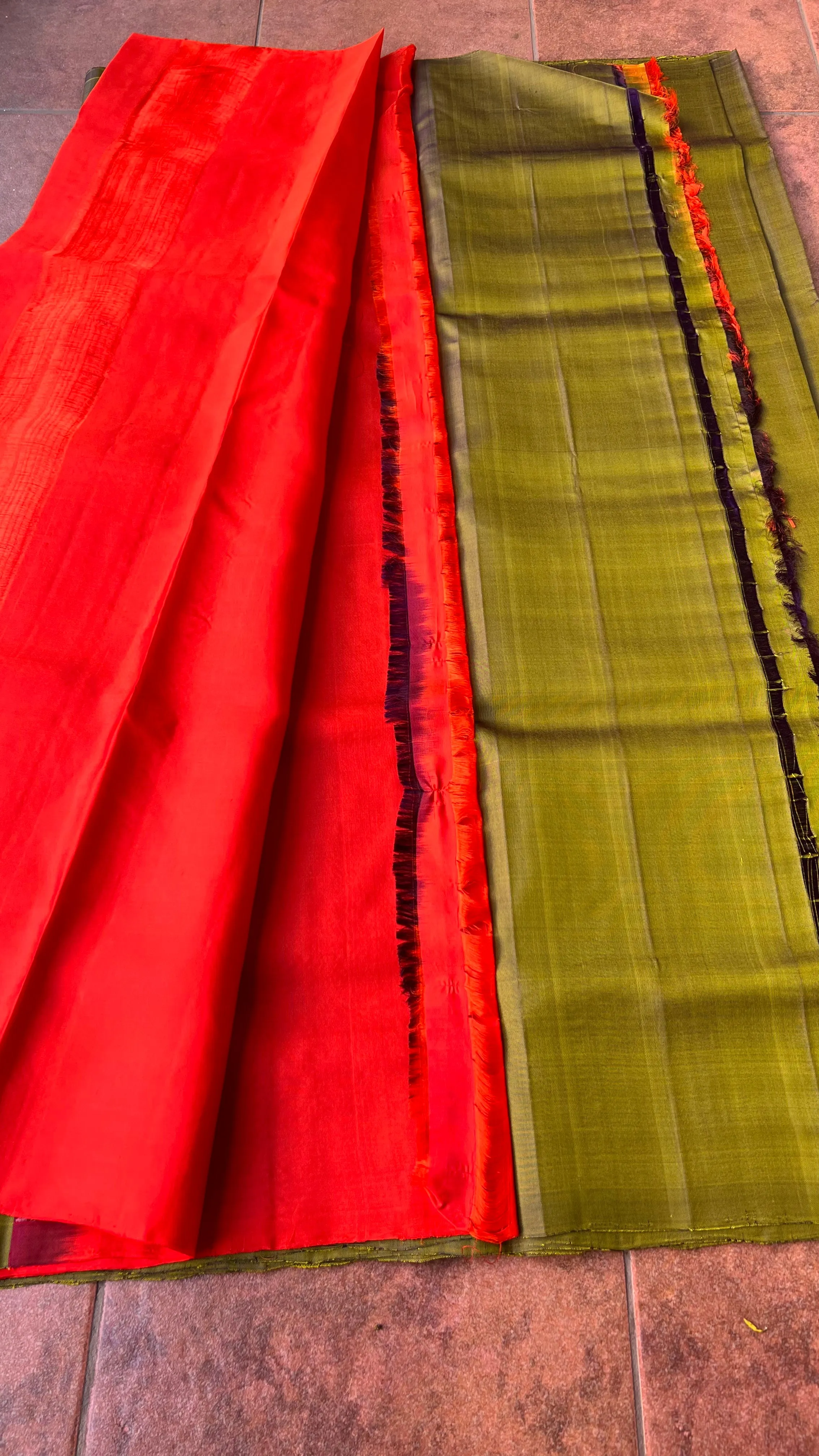 Bottle green and orange kanchipuram silk saree with blouse