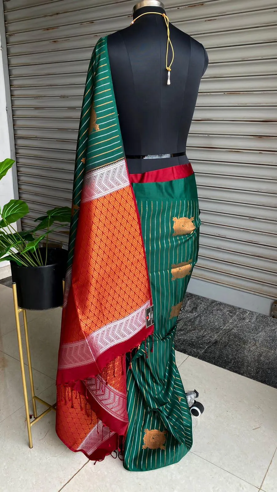 Bottle green and orange Silk saree with blouse