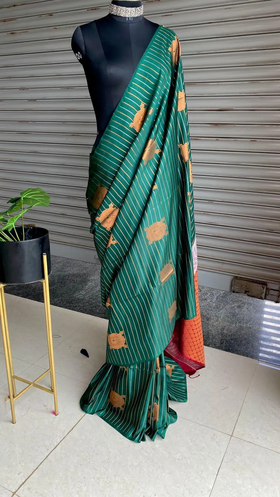 Bottle green and orange Silk saree with blouse