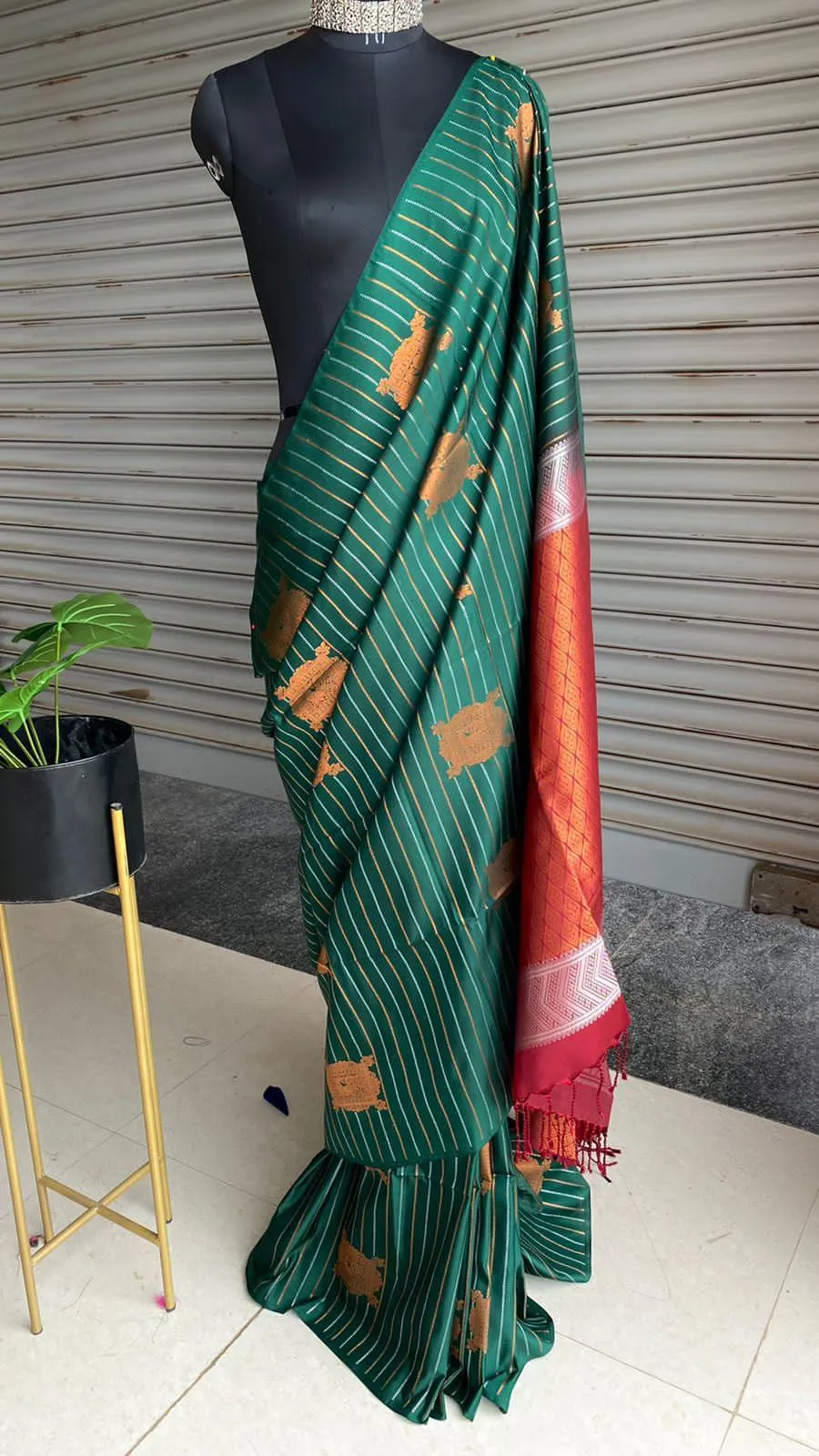 Bottle green and orange Silk saree with blouse