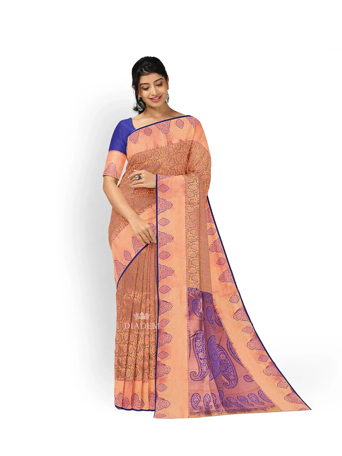 Brown Art Silk Saree with Floral Motif on the Body and Contrast Zari Border