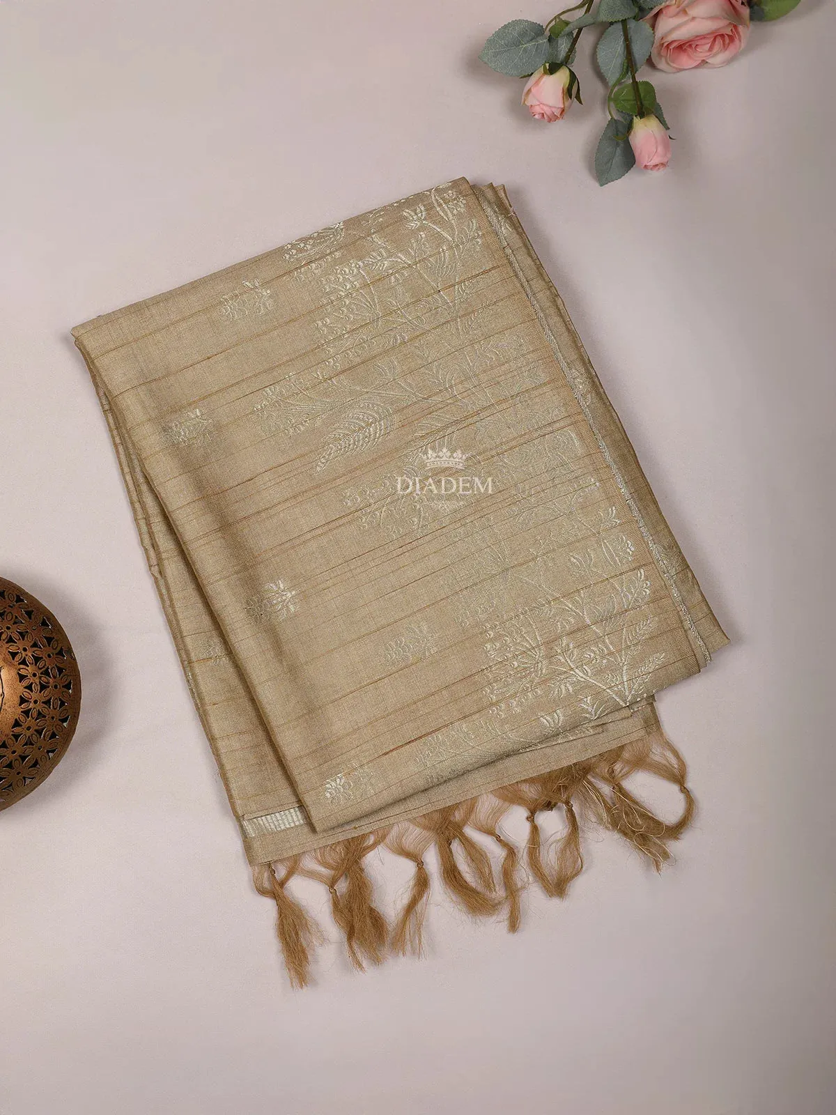 Brown Semi Tussar Silk Saree with Floral and Stripes on the Body without Border