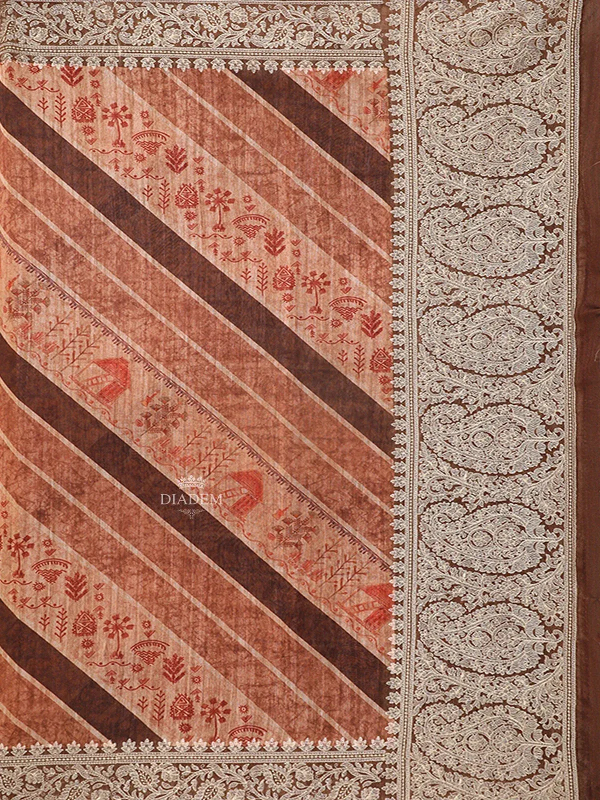 Brown Semi Tussar Silk Saree with Rural Motif on the Body with Designed  Lace Border