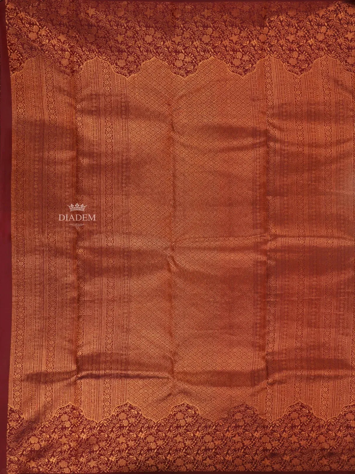 Burgandy Pure Kanchipuram Bridal Silk Saree with Small Floral and Stripes Design on the Body with Zari Border