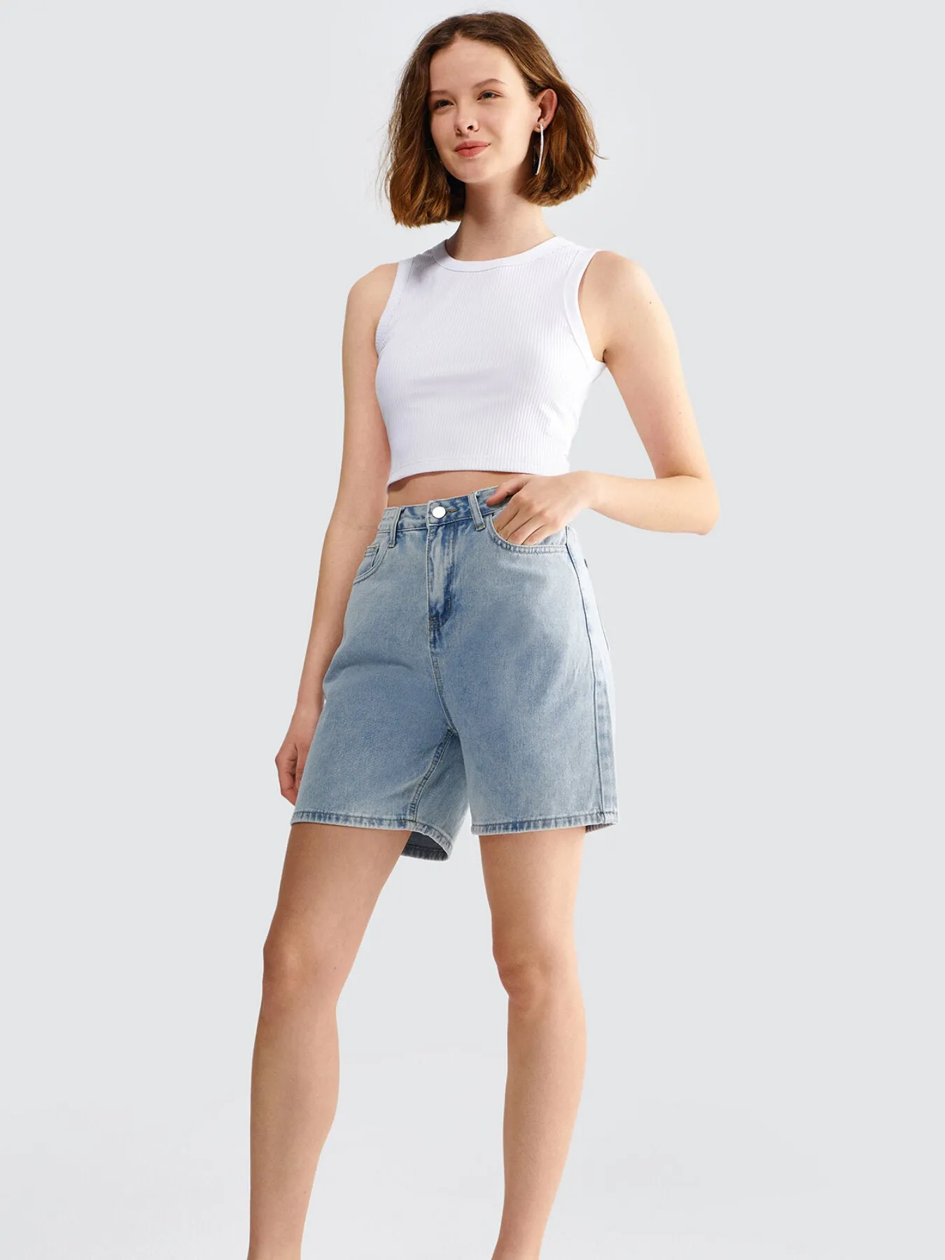 Button Front Pocket Wide Leg Denim Shorts