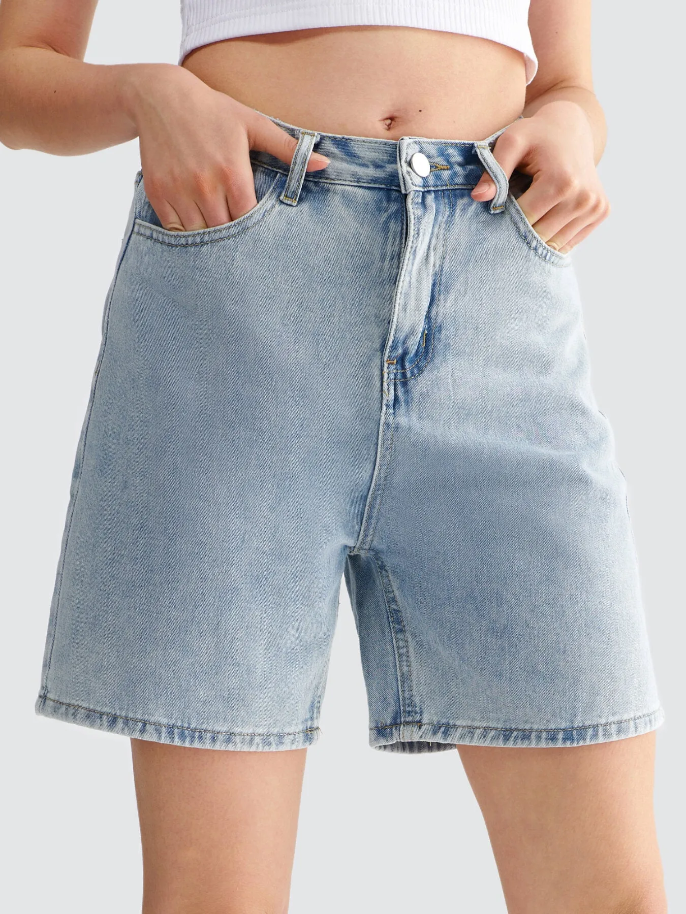 Button Front Pocket Wide Leg Denim Shorts