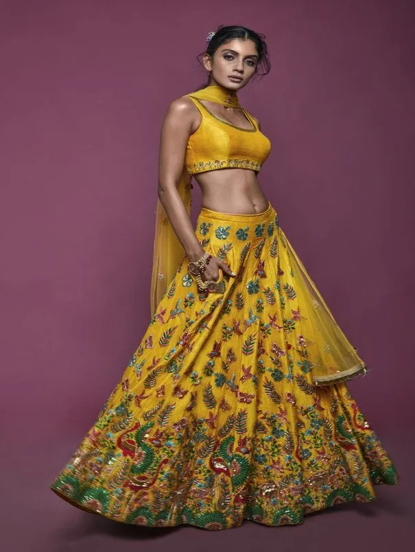 Canary Yellow Tropical Twist Lehenga Set (Set of 3)