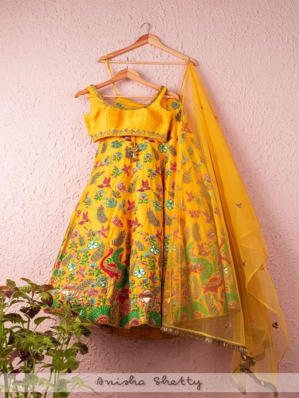 Canary Yellow Tropical Twist Lehenga Set (Set of 3)