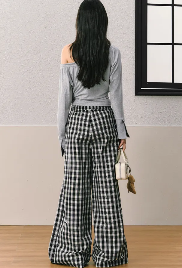 Casual Gingham Check Pattern Wide Leg Pants SHI0068