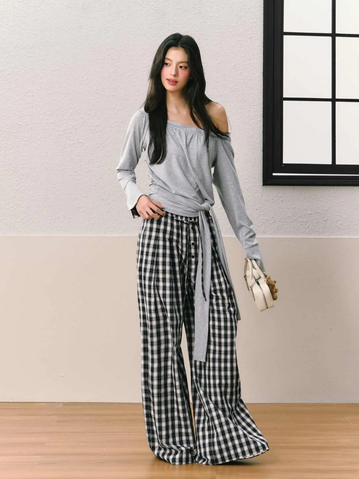 Casual Gingham Check Pattern Wide Leg Pants SHI0068