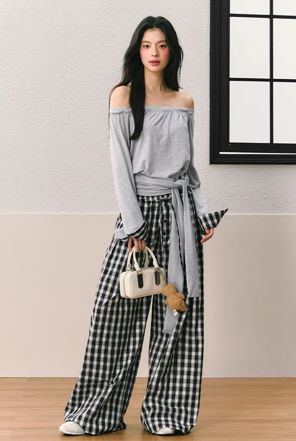 Casual Gingham Check Pattern Wide Leg Pants SHI0068