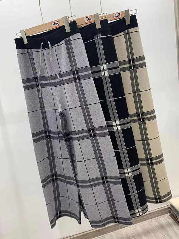 Casual Loose Wide Leg Checkered Drawstring Pants