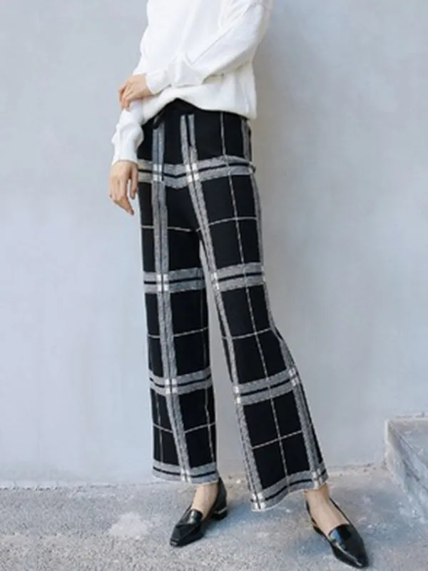 Casual Loose Wide Leg Checkered Drawstring Pants