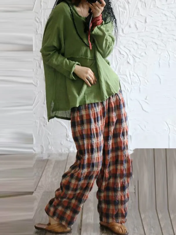 Casual Ramie Cotton Plaid Wide Leg Loose Pants