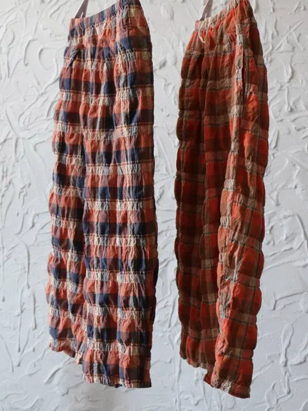 Casual Ramie Cotton Plaid Wide Leg Loose Pants