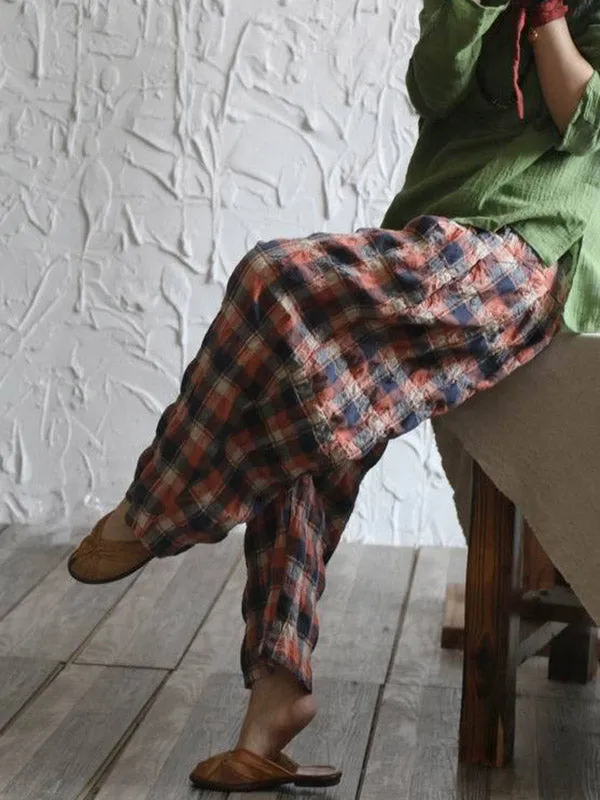 Casual Ramie Cotton Plaid Wide Leg Loose Pants