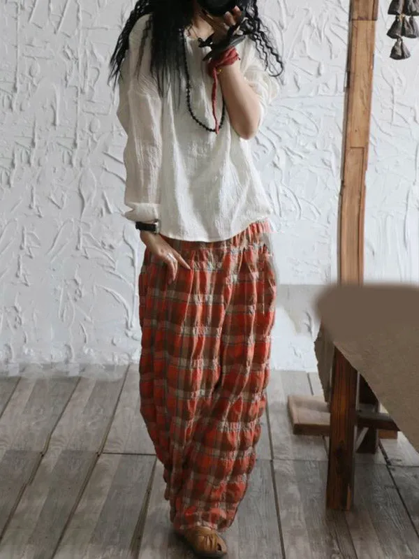 Casual Ramie Cotton Plaid Wide Leg Loose Pants