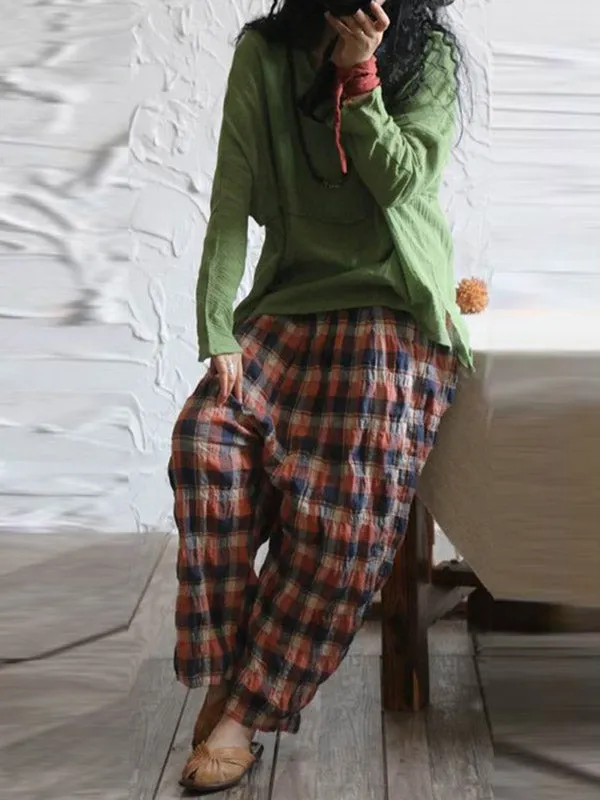 Casual Ramie Cotton Plaid Wide Leg Loose Pants