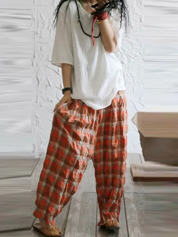 Casual Ramie Cotton Plaid Wide Leg Loose Pants