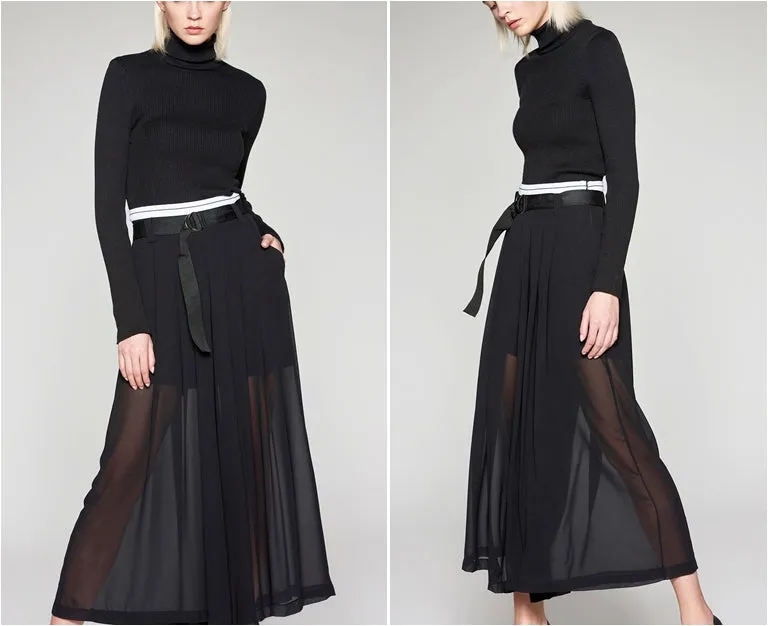 Chiffon Wide Leg Pants / Black Loose High Waist Elastic Transparant