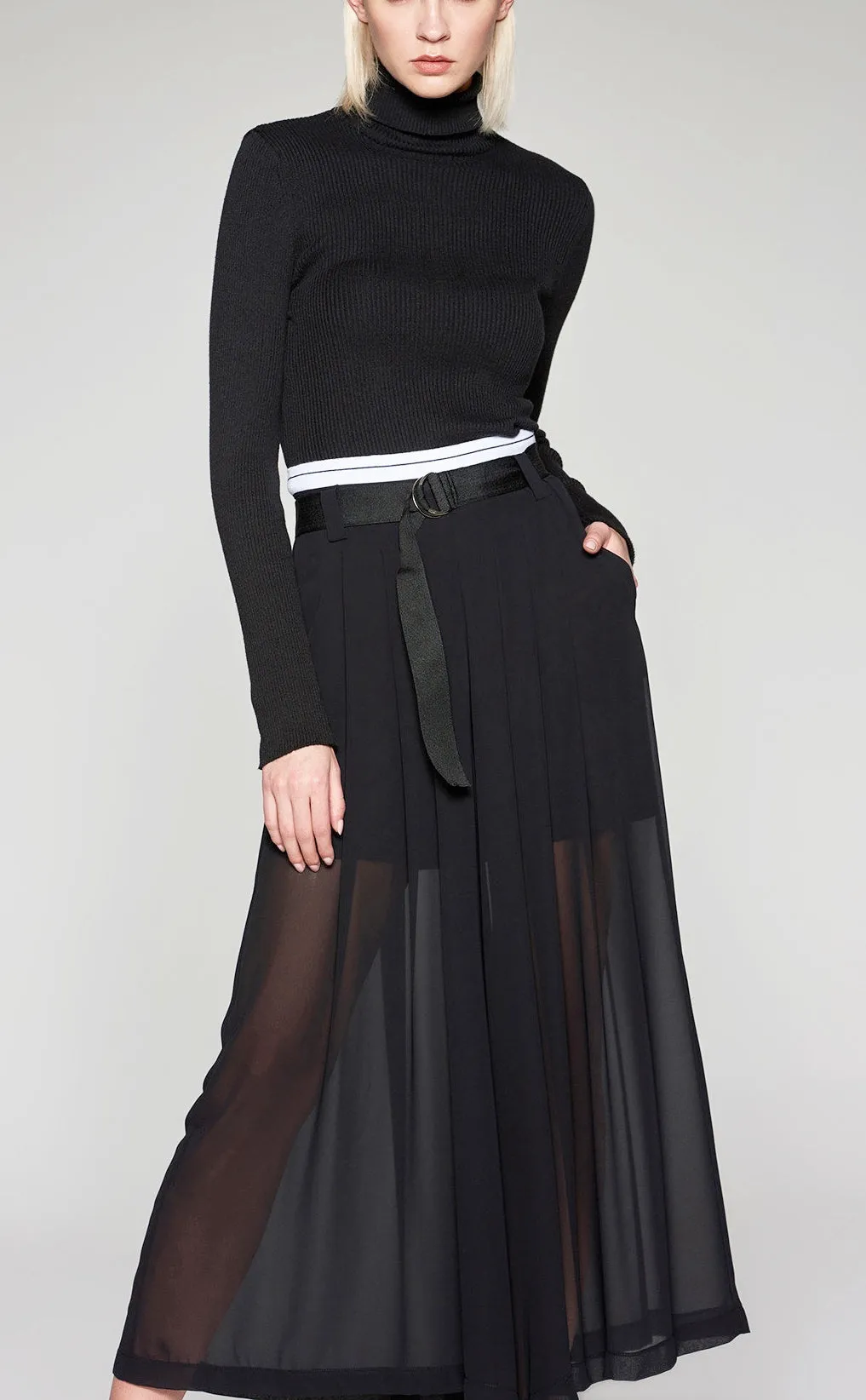 Chiffon Wide Leg Pants / Black Loose High Waist Elastic Transparant