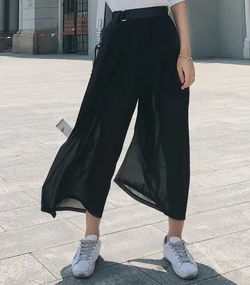 Chiffon Wide Leg Pants / Black Loose High Waist Elastic Transparant