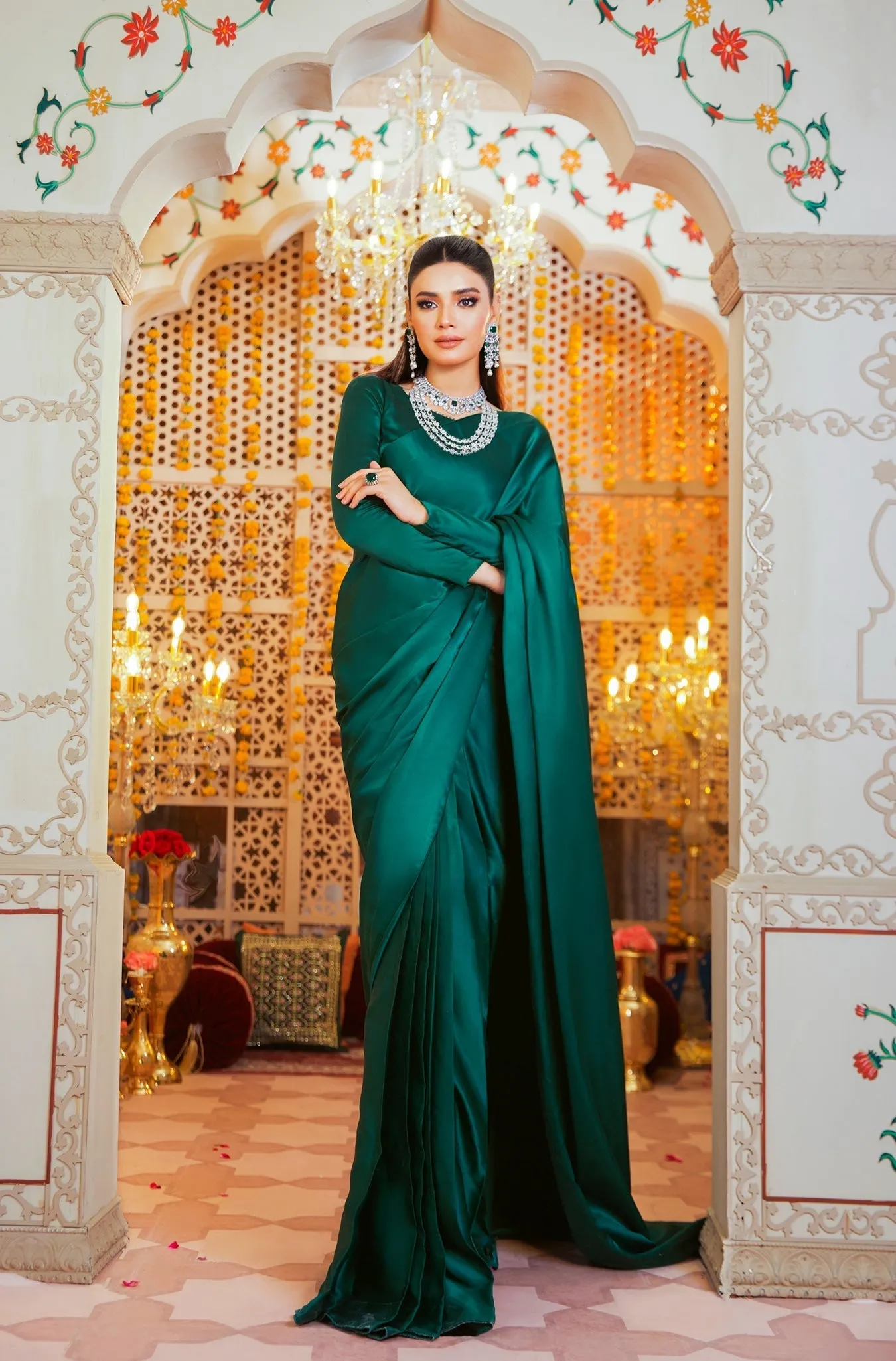 Classic Plain Green Pure Silk Saree with Embellished Blouse (Victoria Queen)