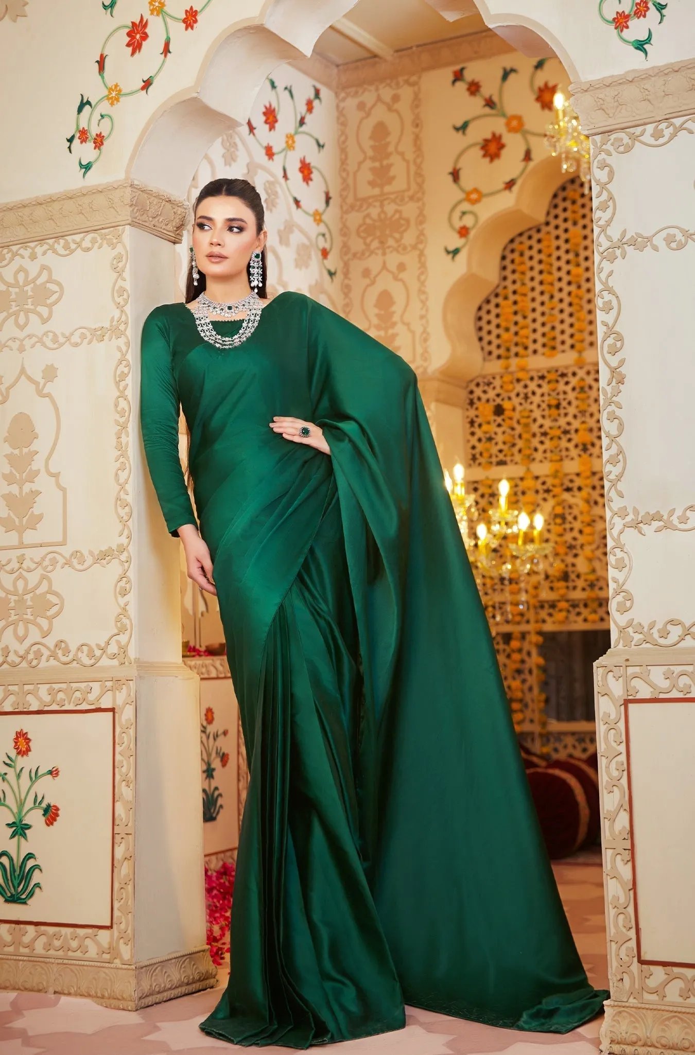 Classic Plain Green Pure Silk Saree with Embellished Blouse (Victoria Queen)