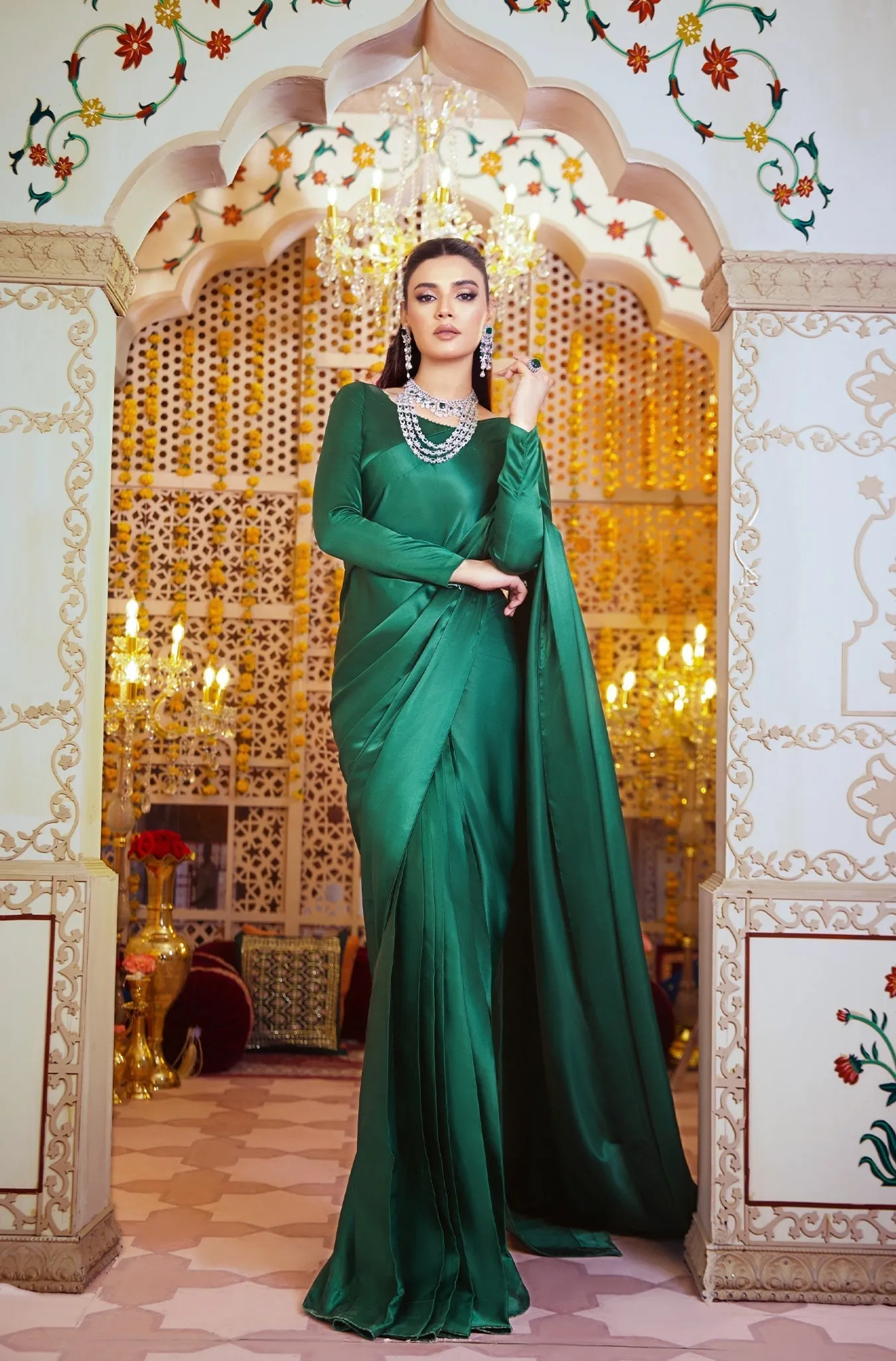 Classic Plain Green Pure Silk Saree with Embellished Blouse (Victoria Queen)