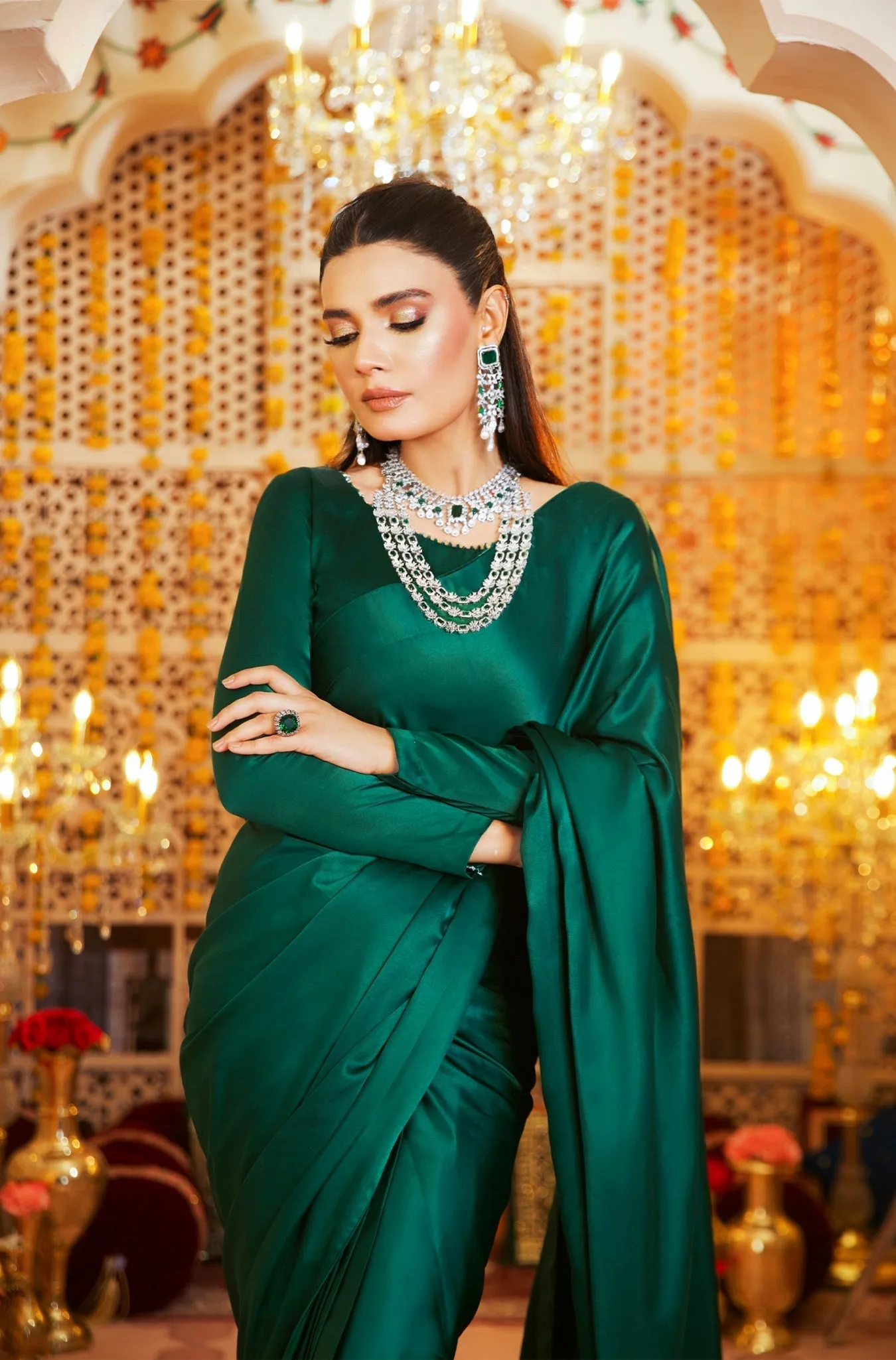 Classic Plain Green Pure Silk Saree with Embellished Blouse (Victoria Queen)