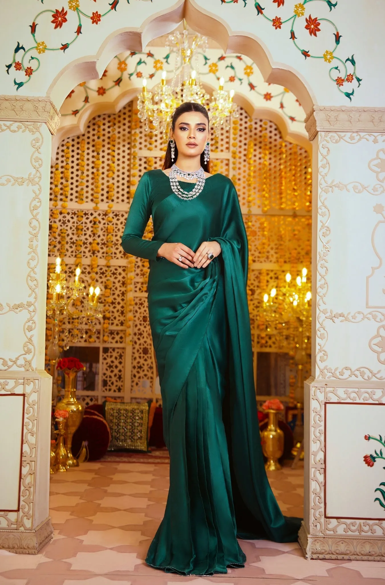 Classic Plain Green Pure Silk Saree with Embellished Blouse (Victoria Queen)