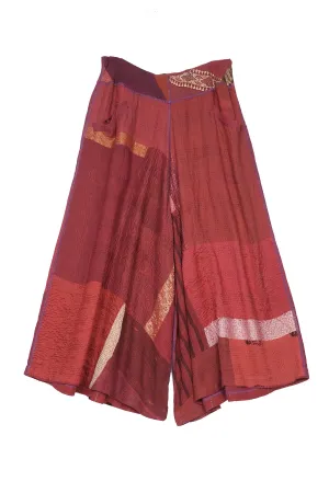 COTTON SILK SW PATCH KANTHA WIDE LEG SHORT PANTS - ws2624-red -